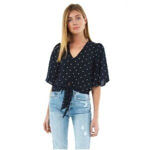 Navy Polka Dot Tie-Front Blouse With Flutter Sleeves By 1.State S